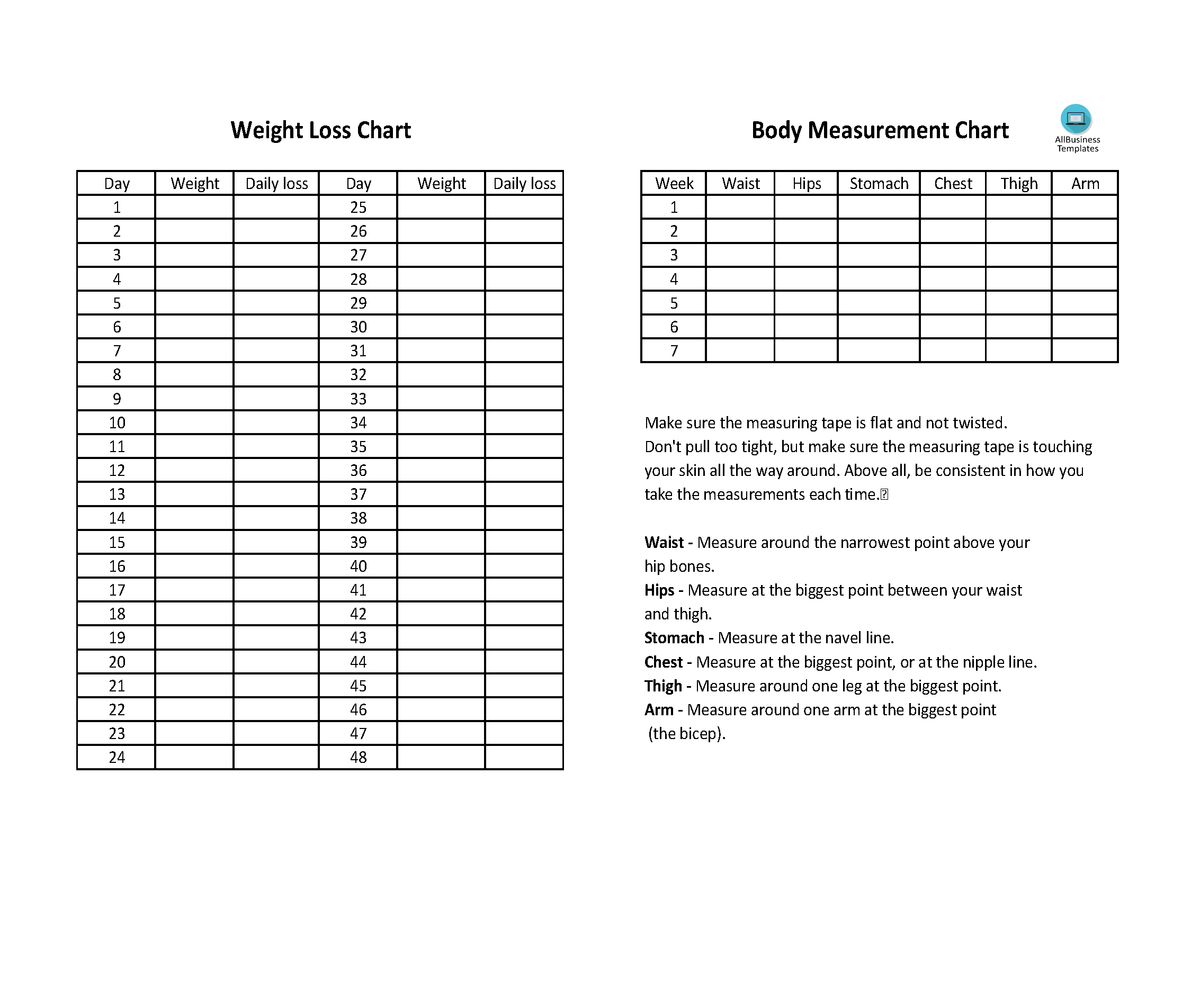 Weight Loss Measurement Chart