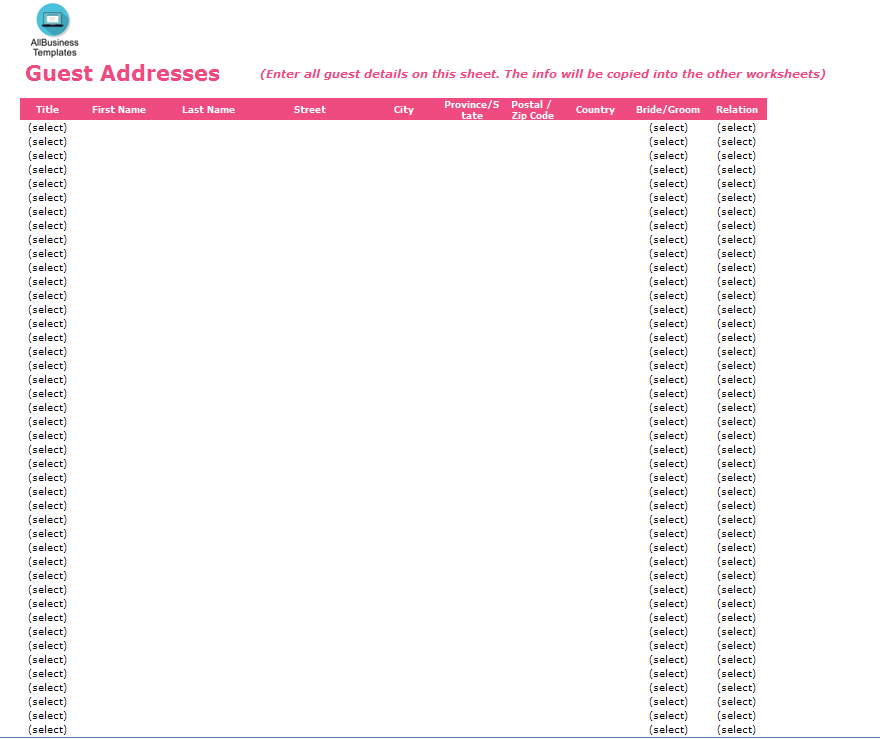 the wedding guestlist tracker modèles