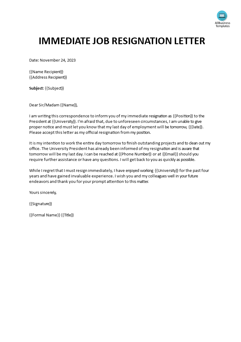 immediate job resignation letter Hauptschablonenbild