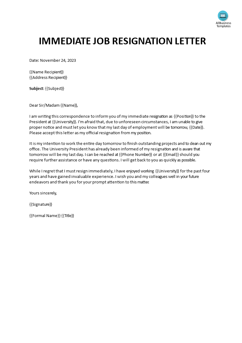 immediate job resignation letter template