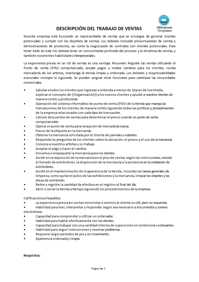 empleada de ventas descripción del trabajo plantilla imagen principal