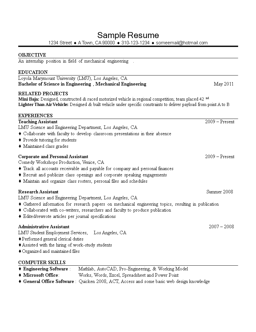 mechanical engineering internship resume example Hauptschablonenbild