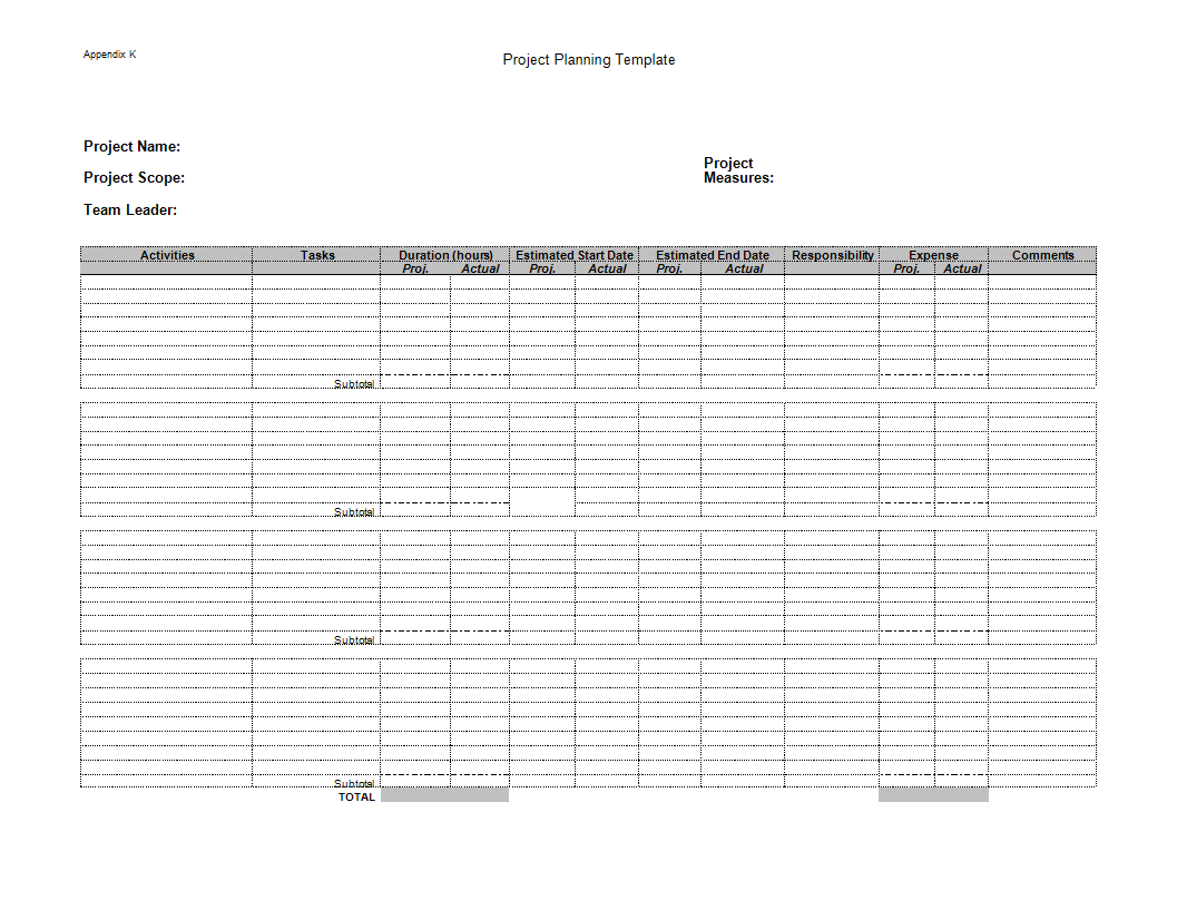 project management planning sheet template
