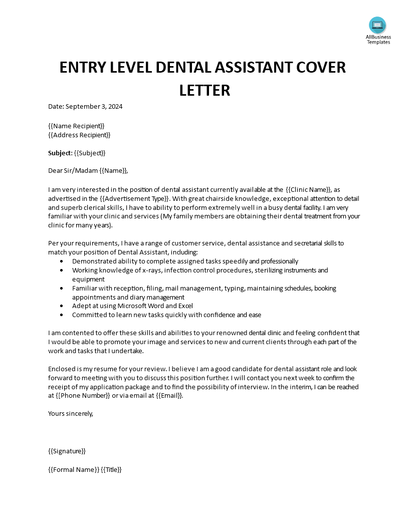 cover letter examples dental