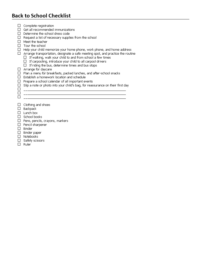 back to school checklist template