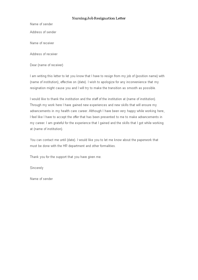 nursing job resignation letter sample template