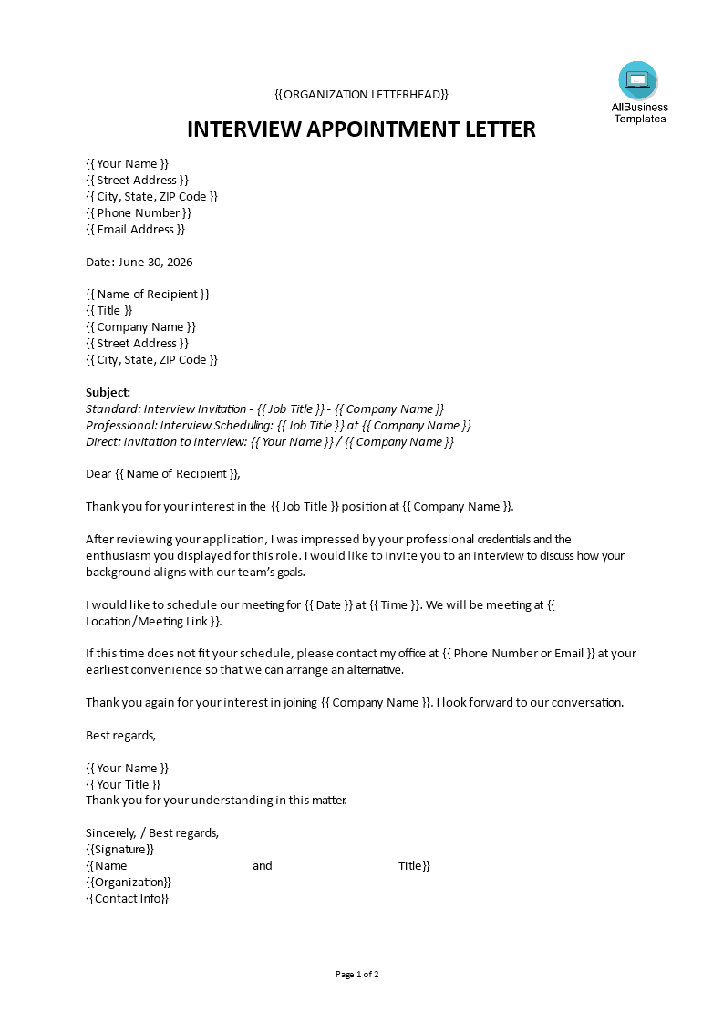 hr job interview appointment letter template plantilla imagen principal