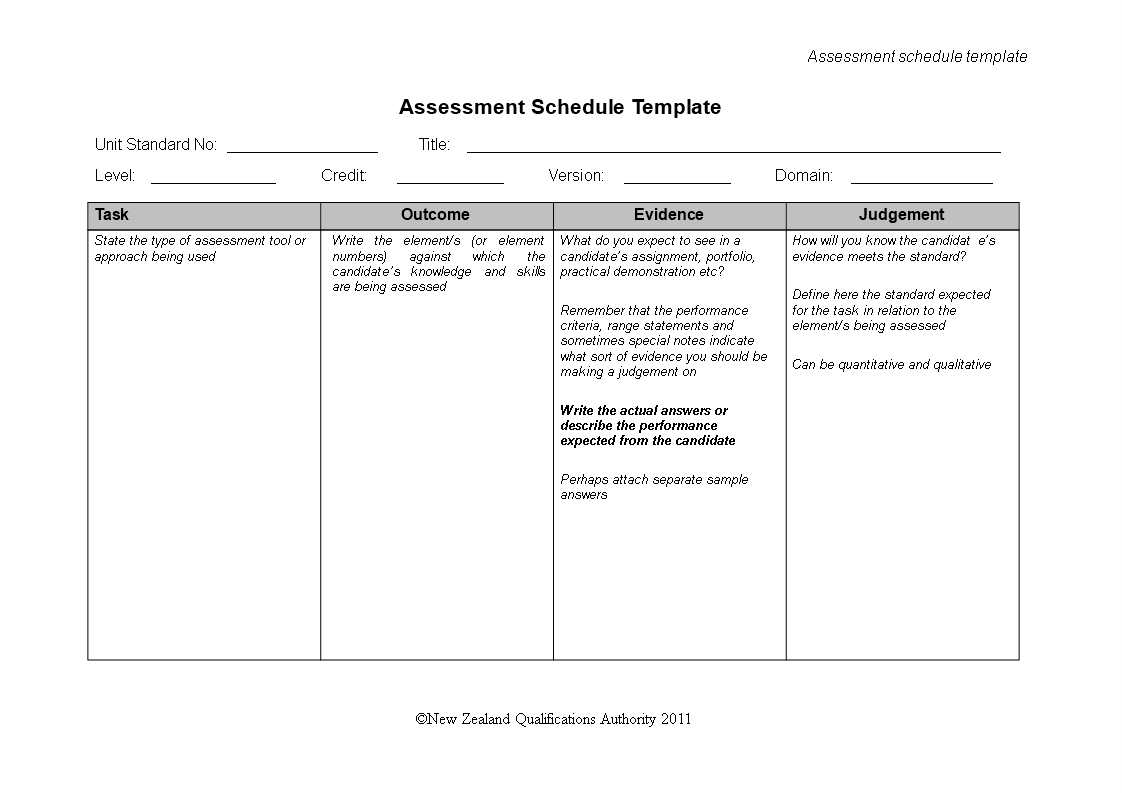 assessment schedule modèles