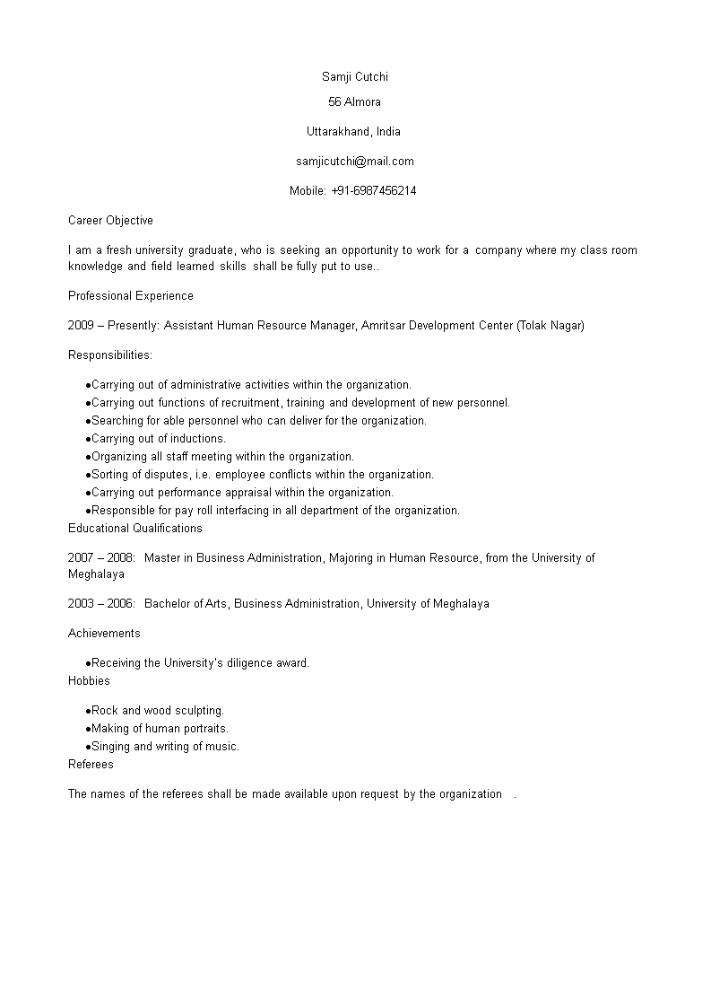 HR Executive Fresher Resume sample 模板