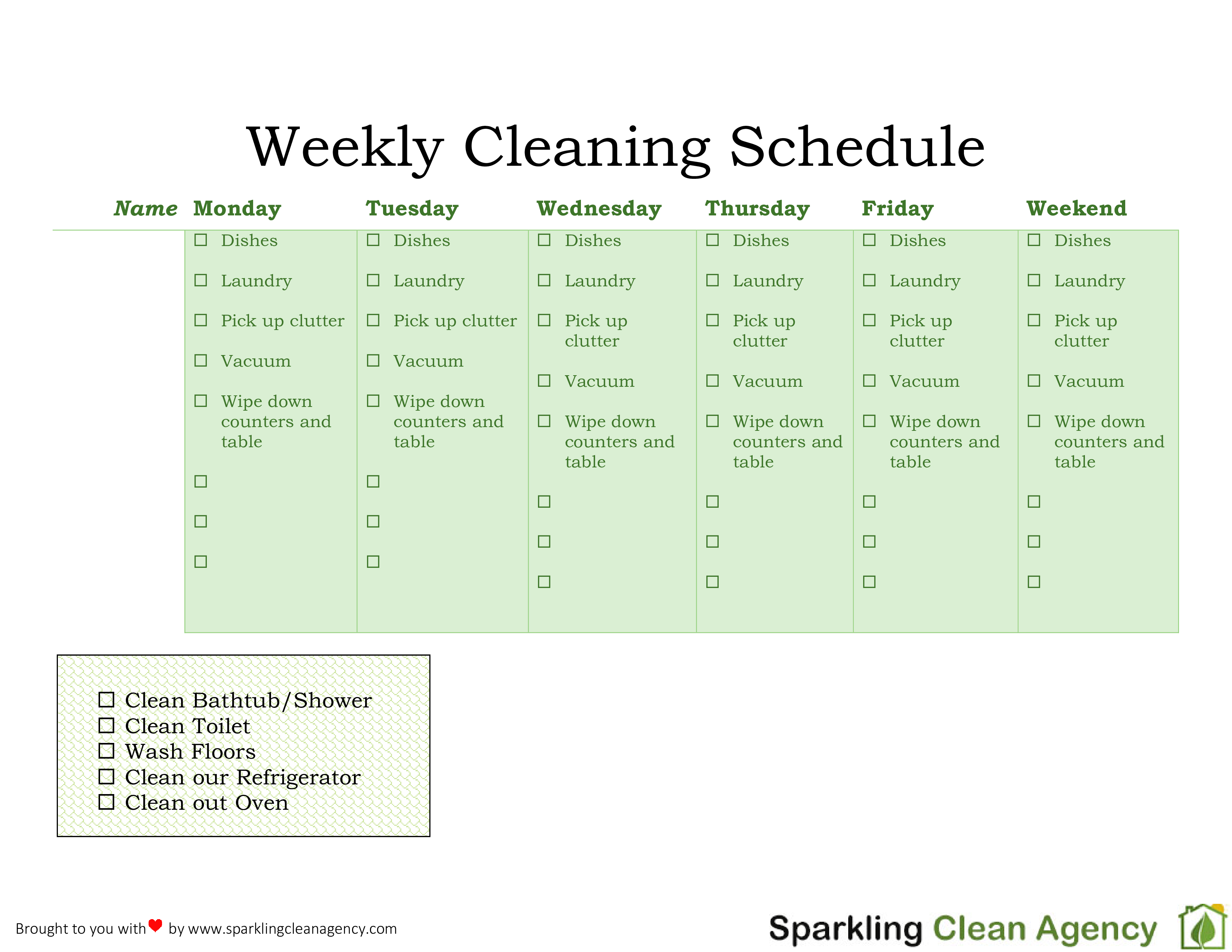 weekly cleaning schedule Hauptschablonenbild