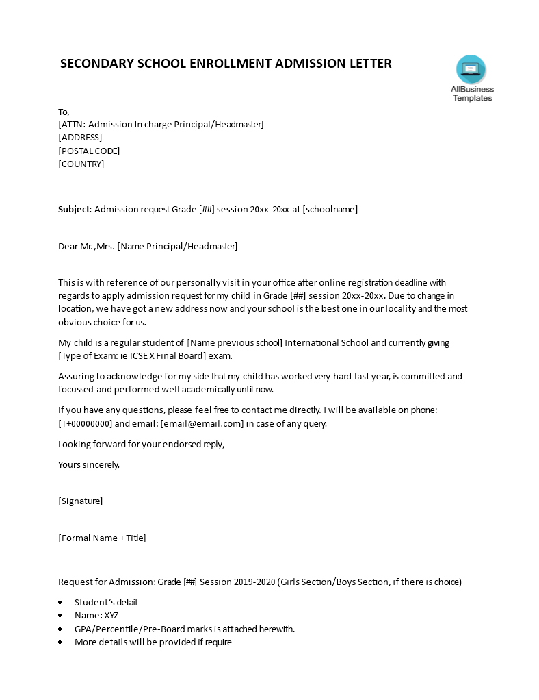 request enrollment secondary school letter Hauptschablonenbild