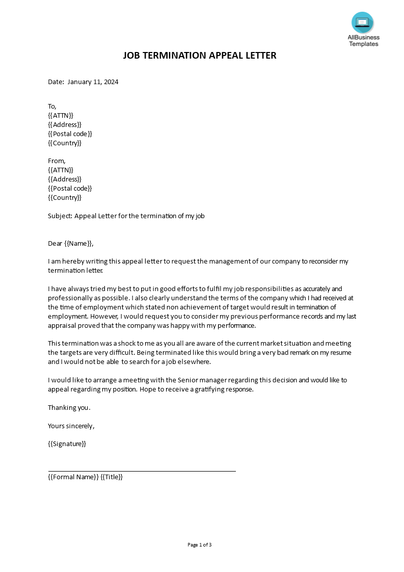 Kostenloses Job Termination Appeal Letter
