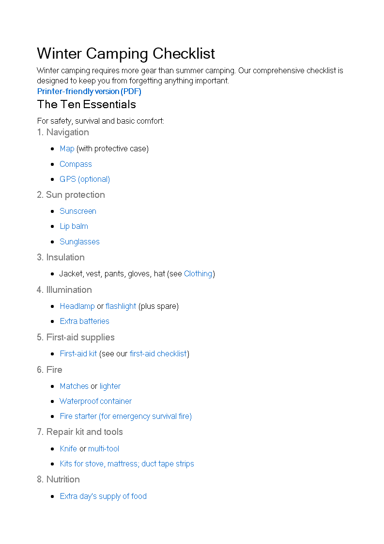 winter camping checklist template