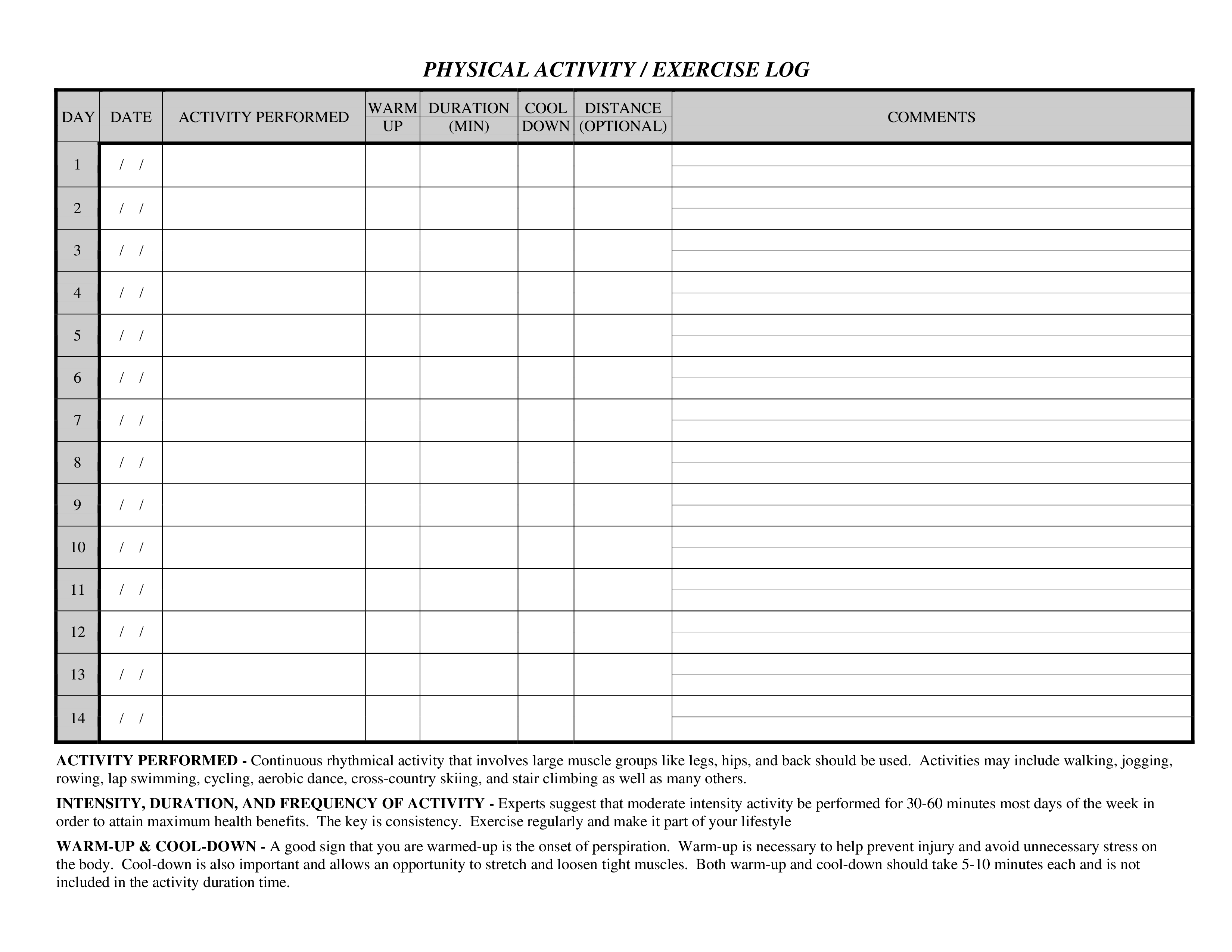 activity exercise log template