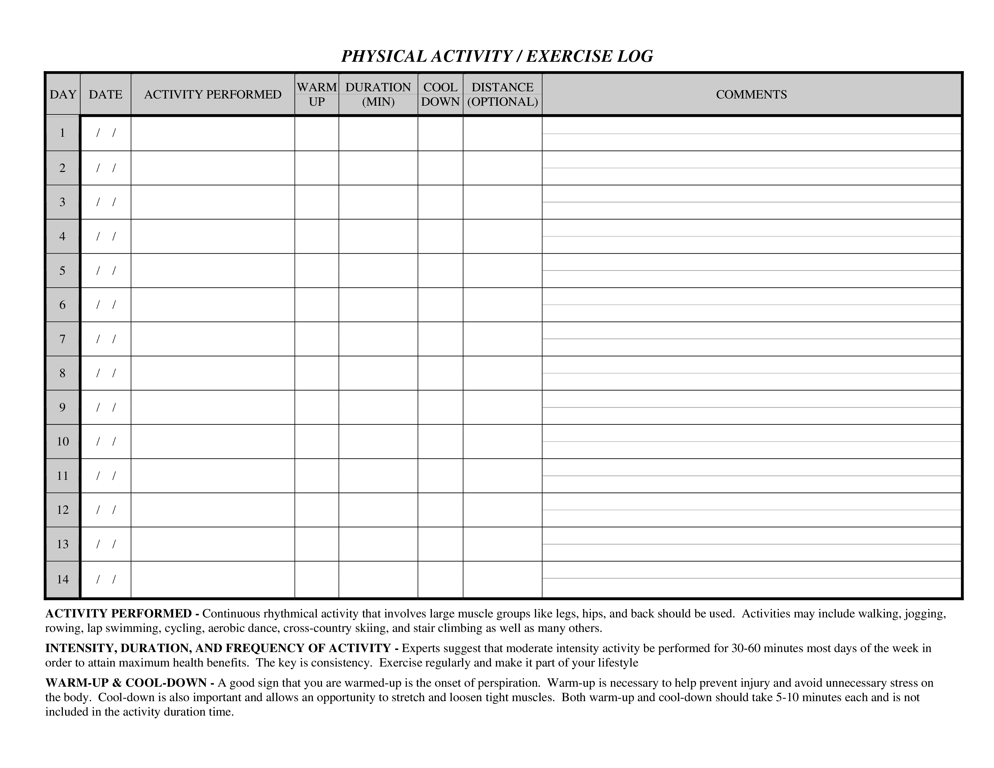 Activity Exercise Log Templates At Allbusinesstemplates