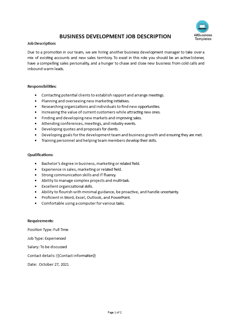 business development job description plantilla imagen principal