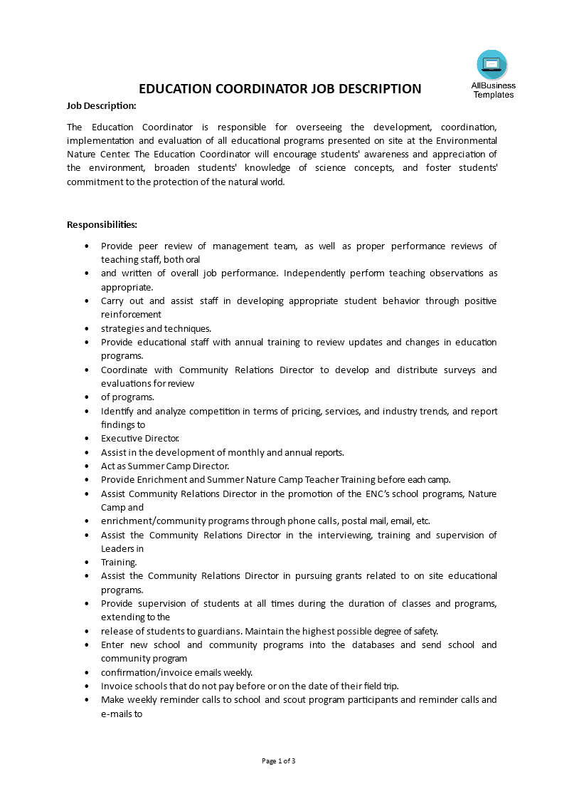 education coordinator job description modèles