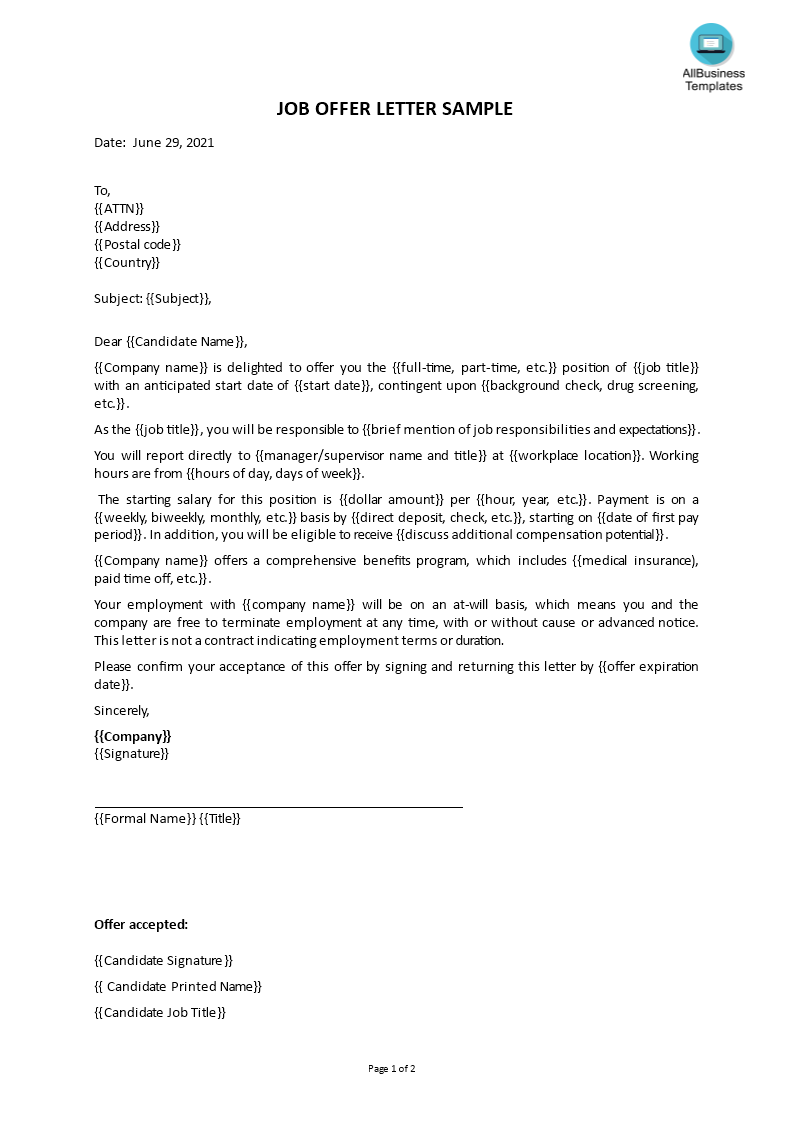 job position offer letter template