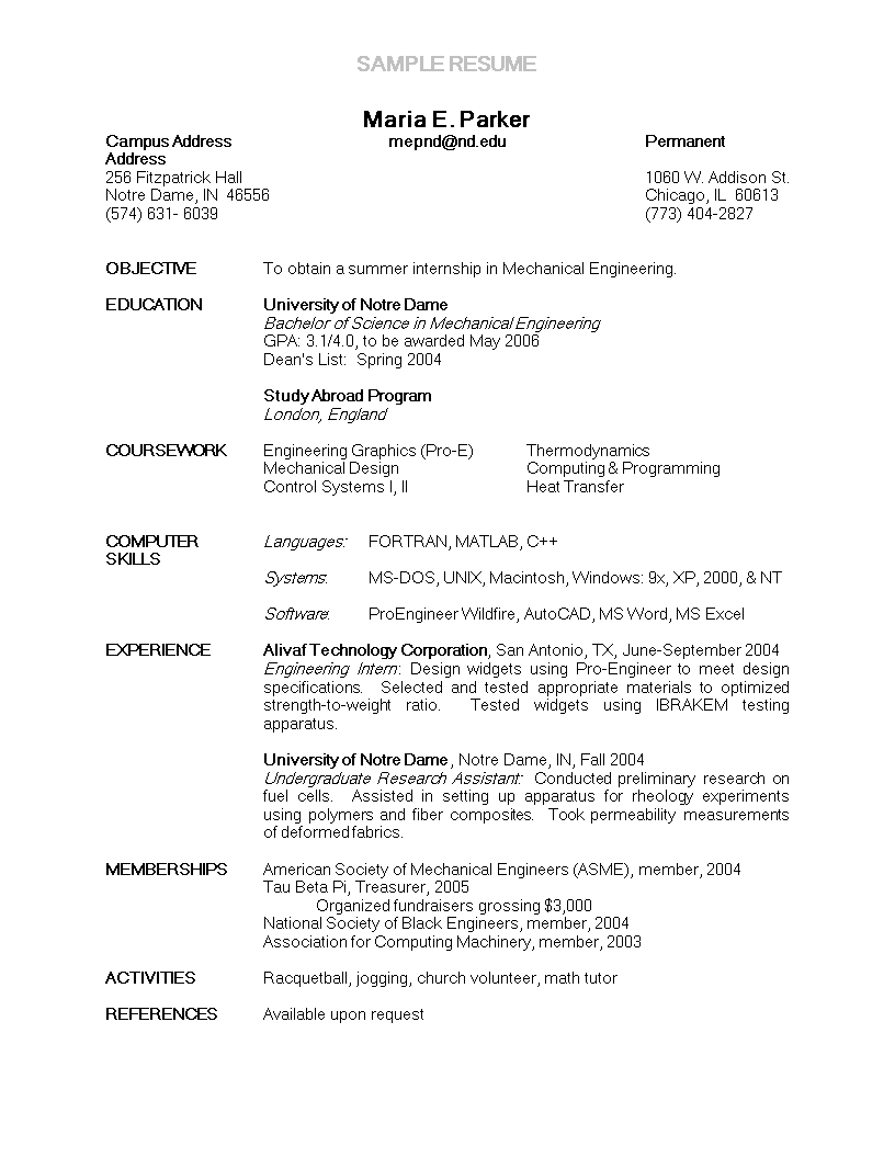 engineering internship resume sample modèles