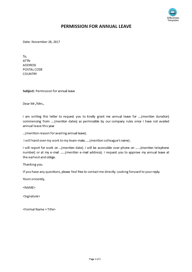 annual leave letter sample template