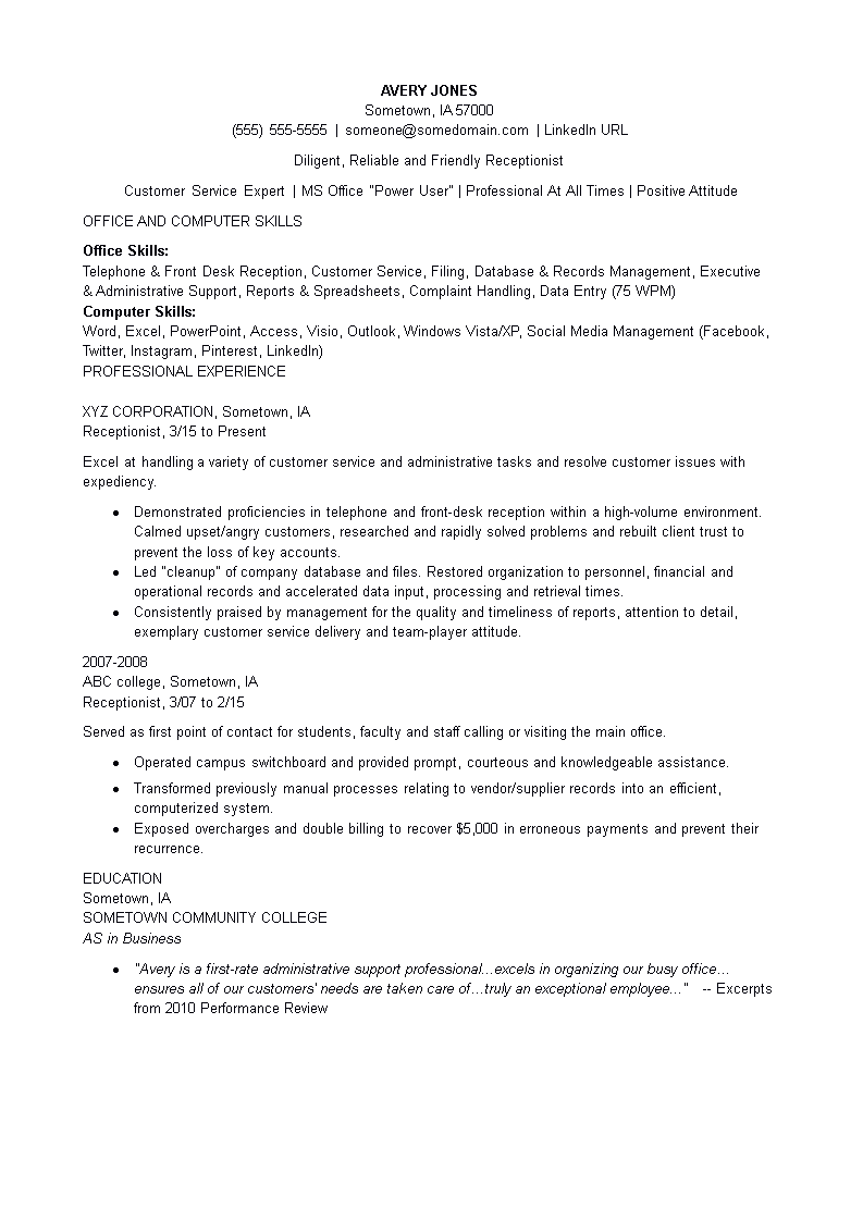 Receptionist Skill Resume main image