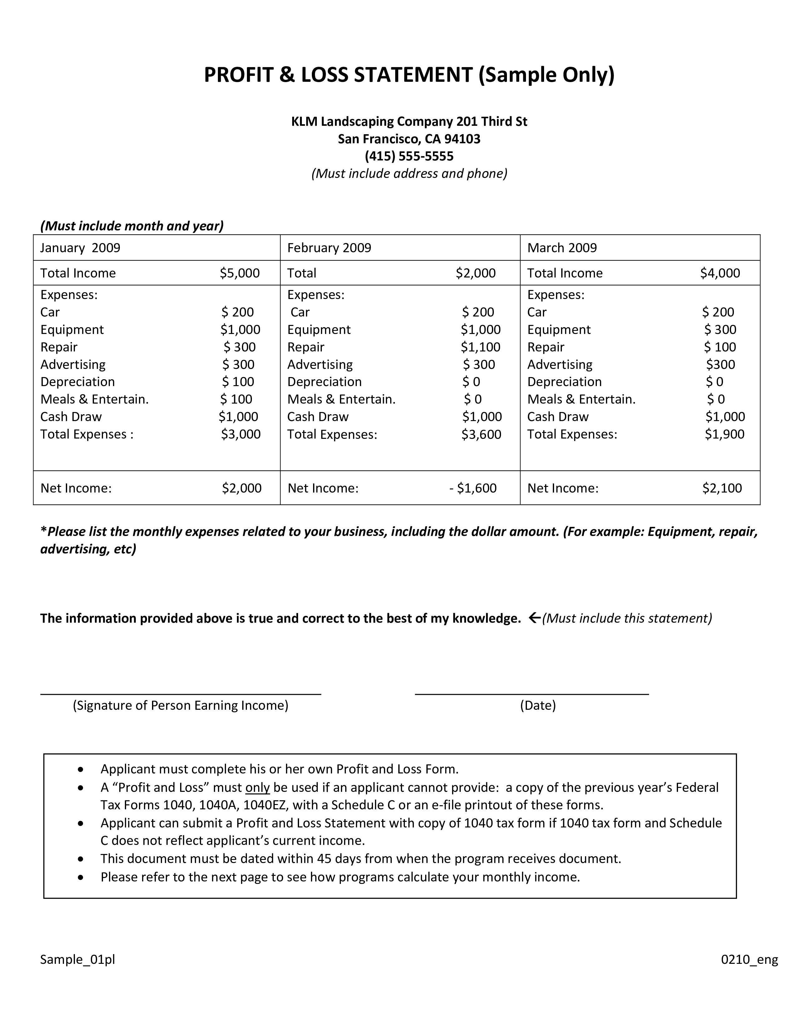 Monthly Profit And Loss Statement Form main image