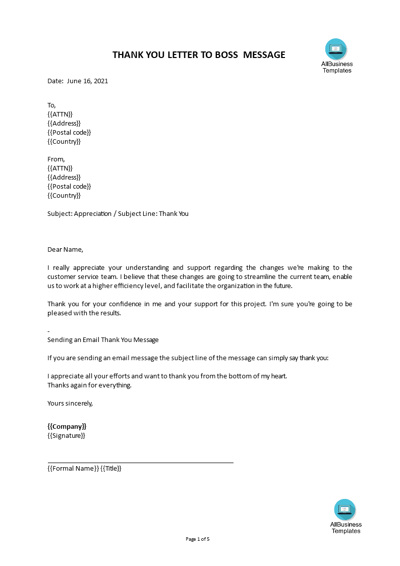 Professional Thank You Letter To Boss For Appreciation  Templates