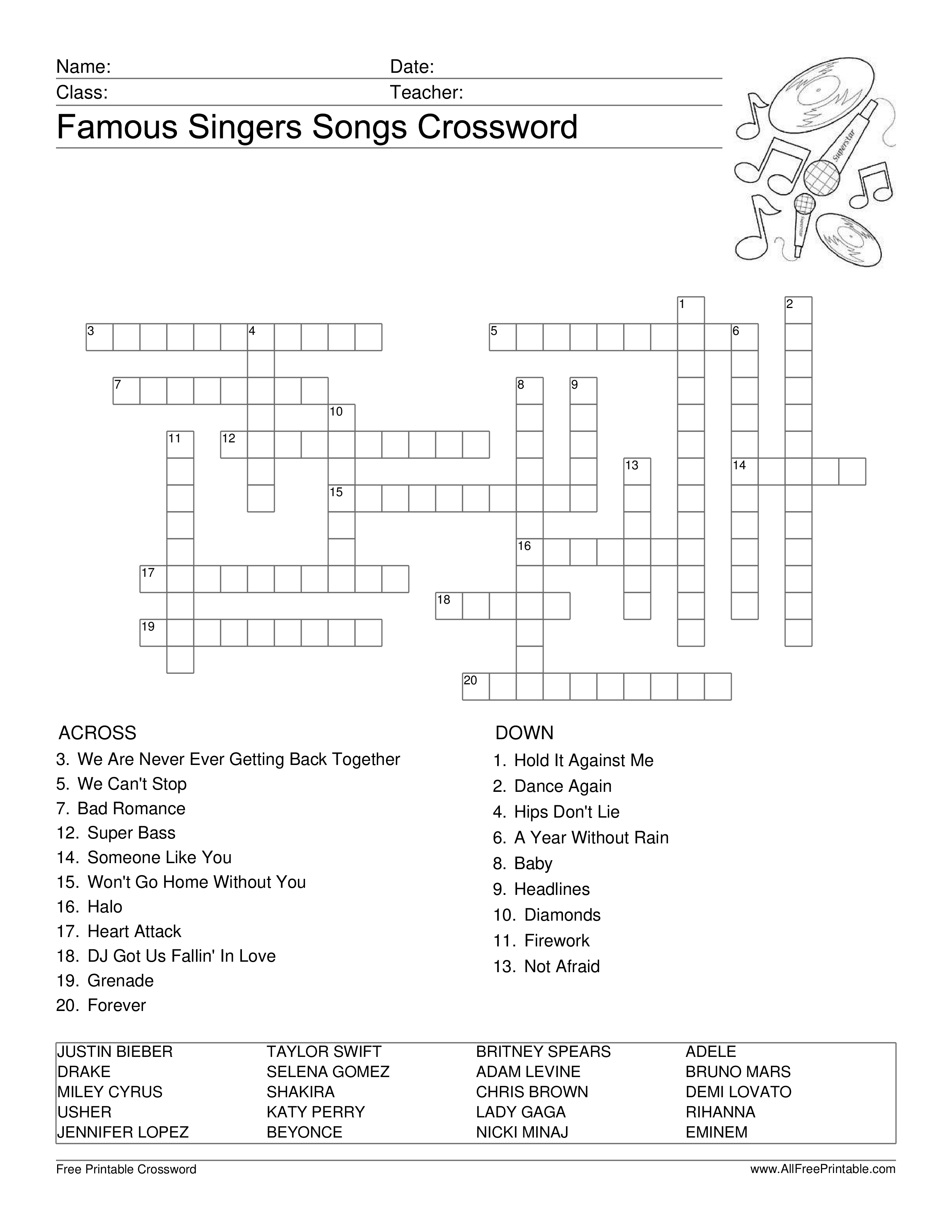 free famous singers songs crossword templates at