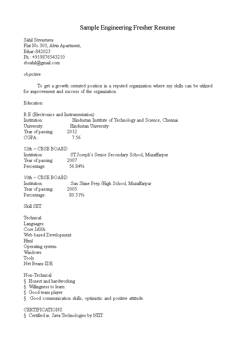 Sample Engineering Fresher Resume main image