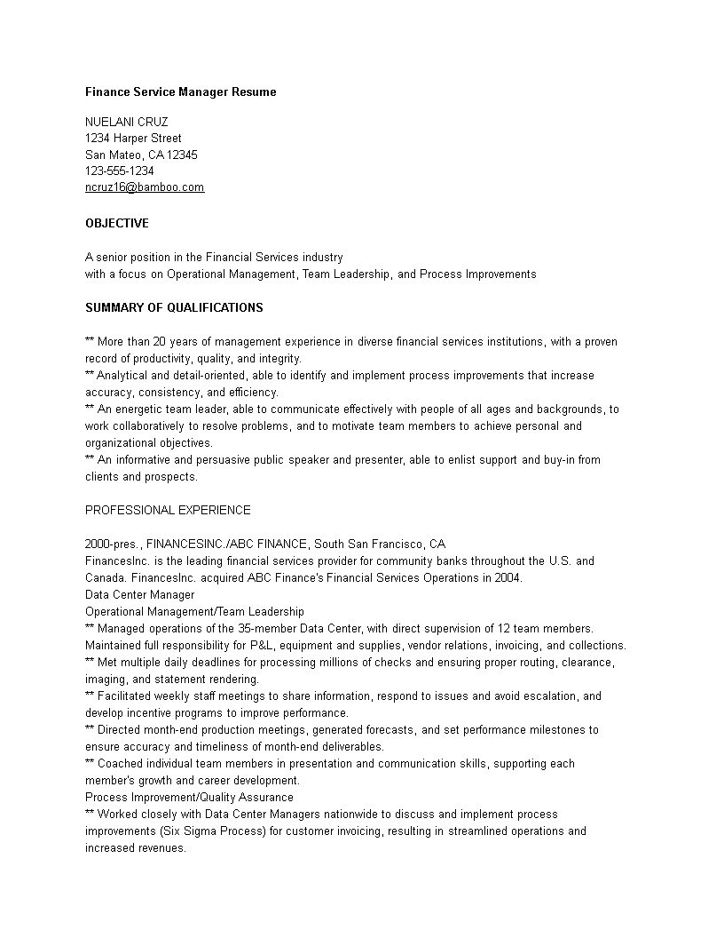 Finance Service Manager Resume 模板