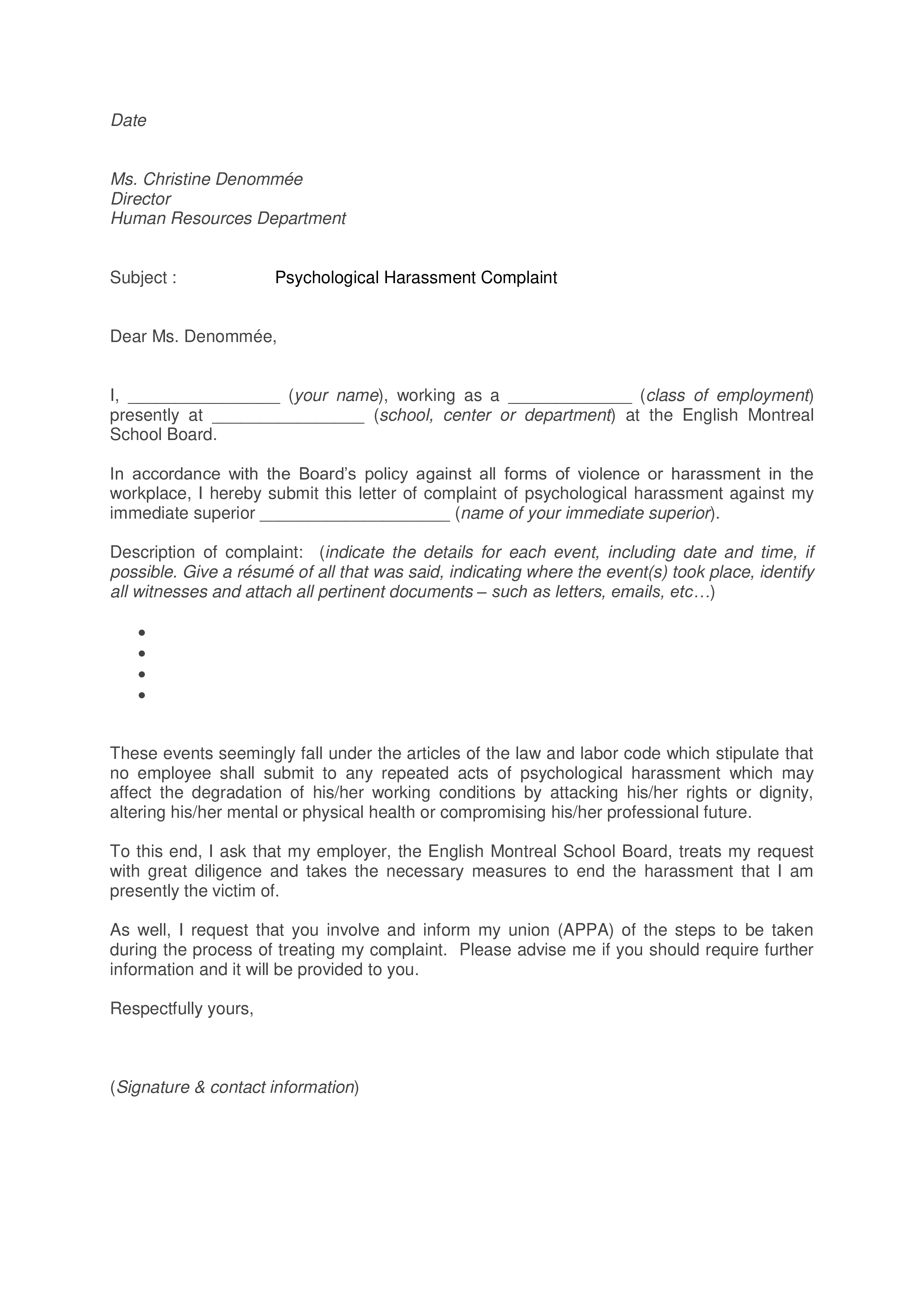 sample harrasement complaint letter template