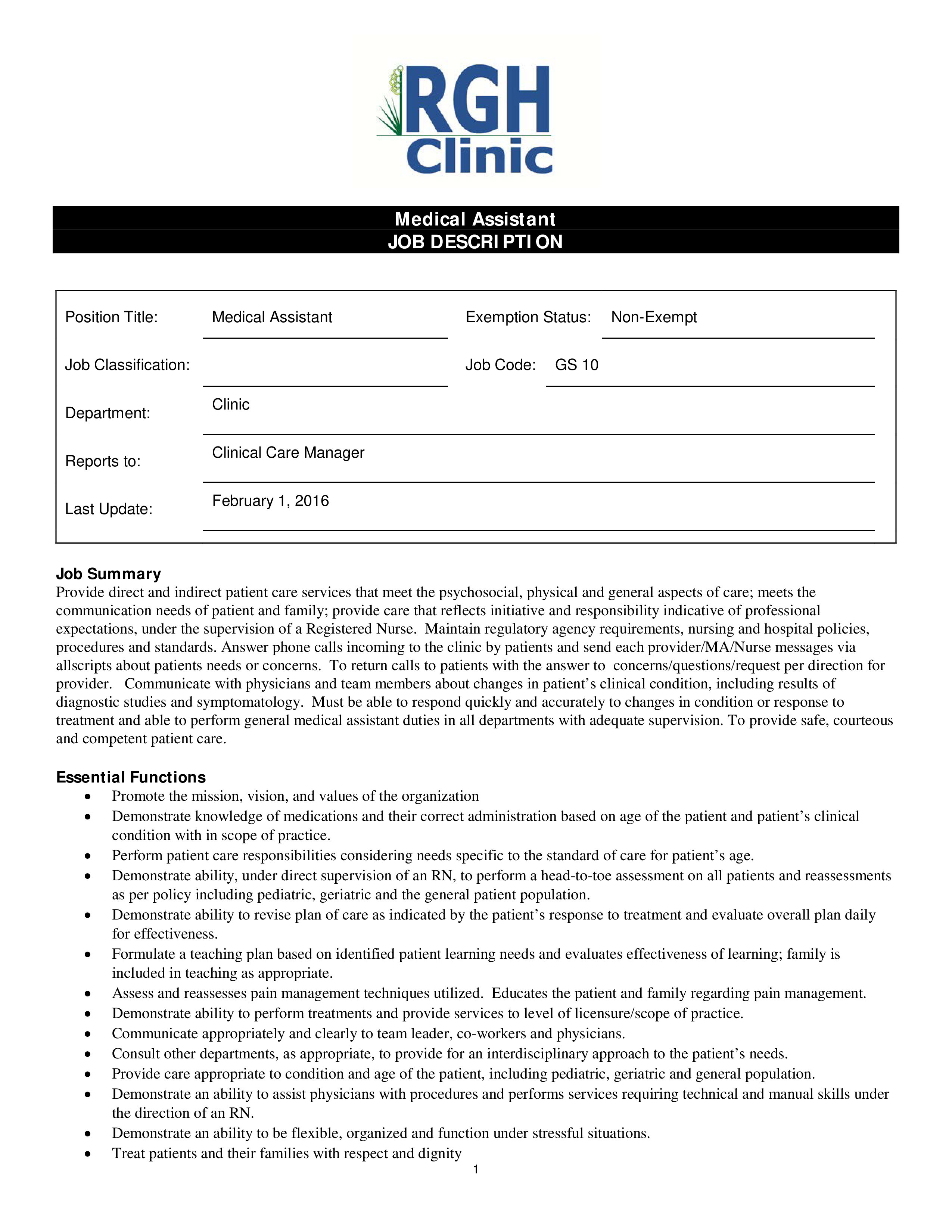 Sample Clinic Medical Assistant Job Description 模板