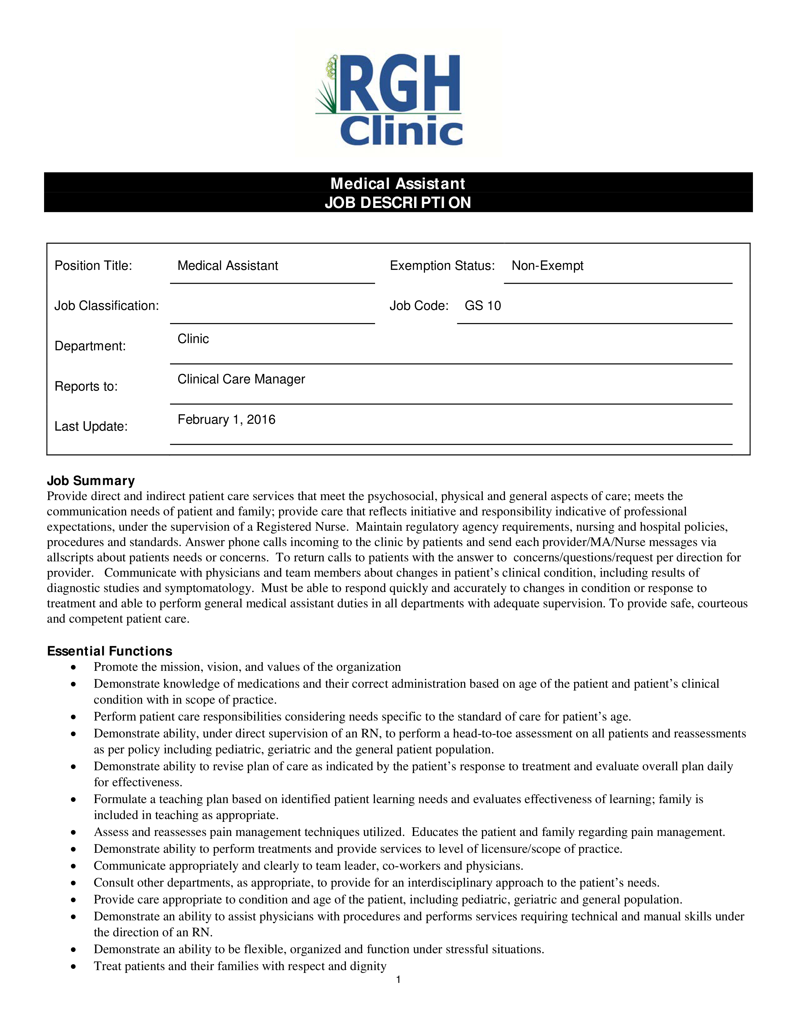 sample clinic medical assistant job description template