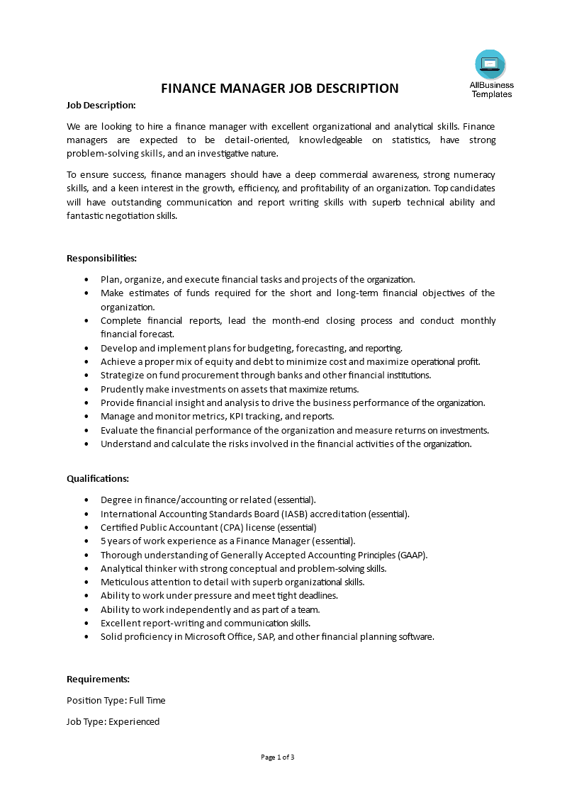 finance manager job description voorbeeld afbeelding 