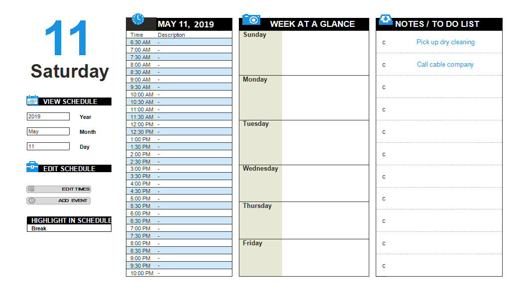 advanced daily planner excel template voorbeeld afbeelding 