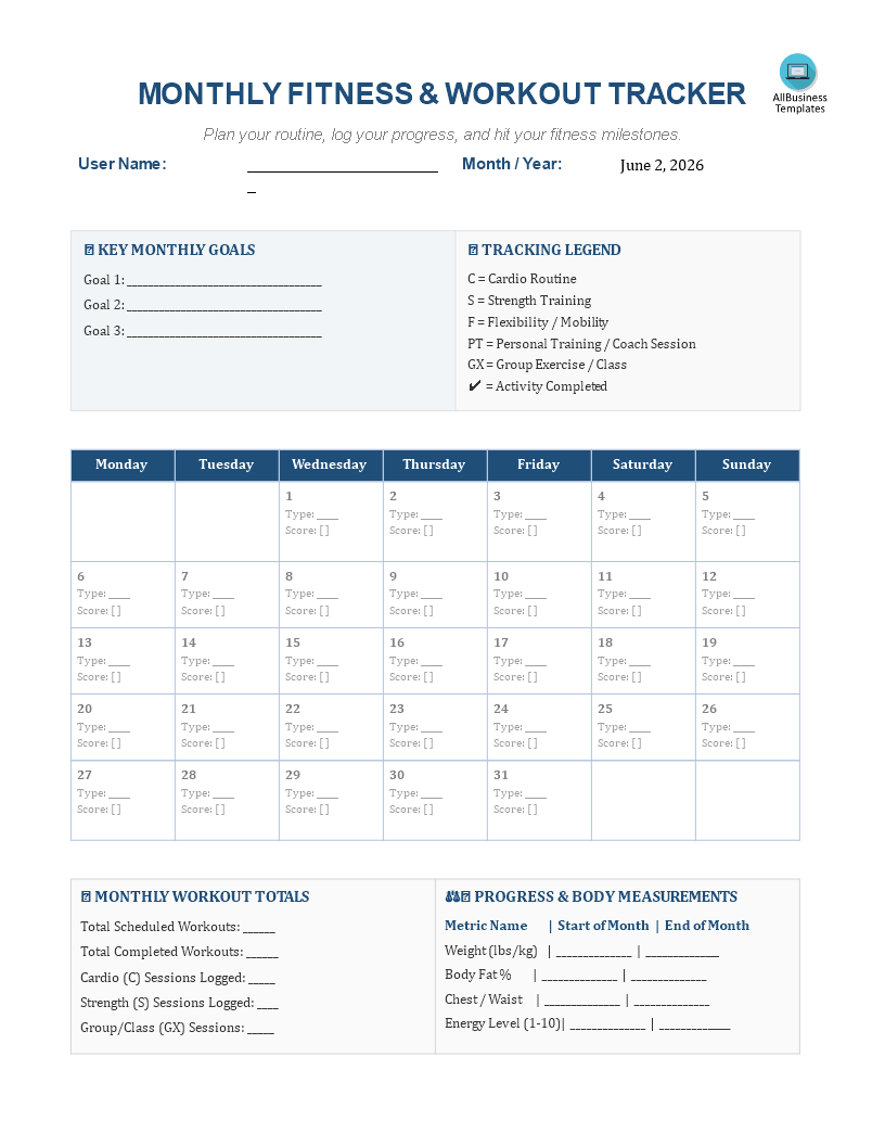 Monthly Workout Chart 模板