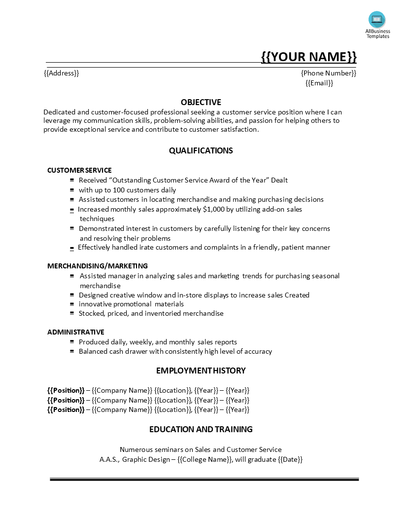 customer service resume objective plantilla imagen principal