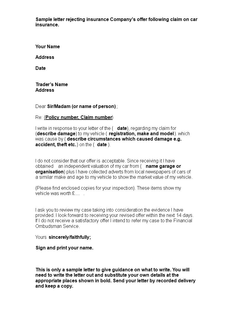 Car Insurance Claim Letter Sample