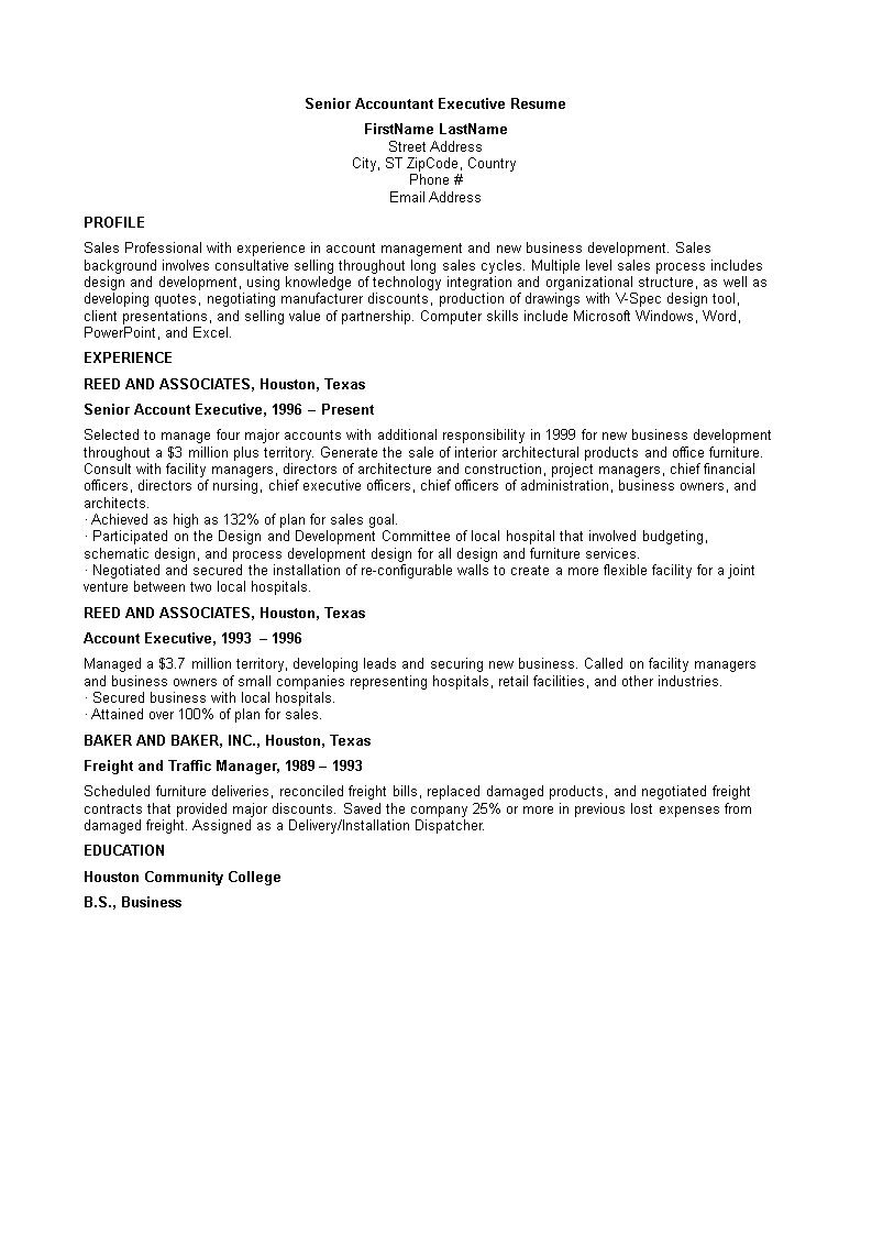 Senior Accountant Executive Resume 模板