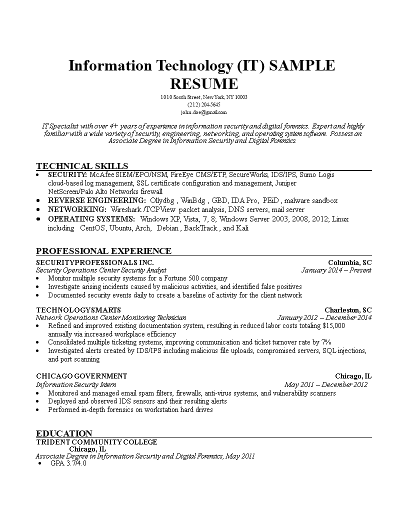 information technology it resume template