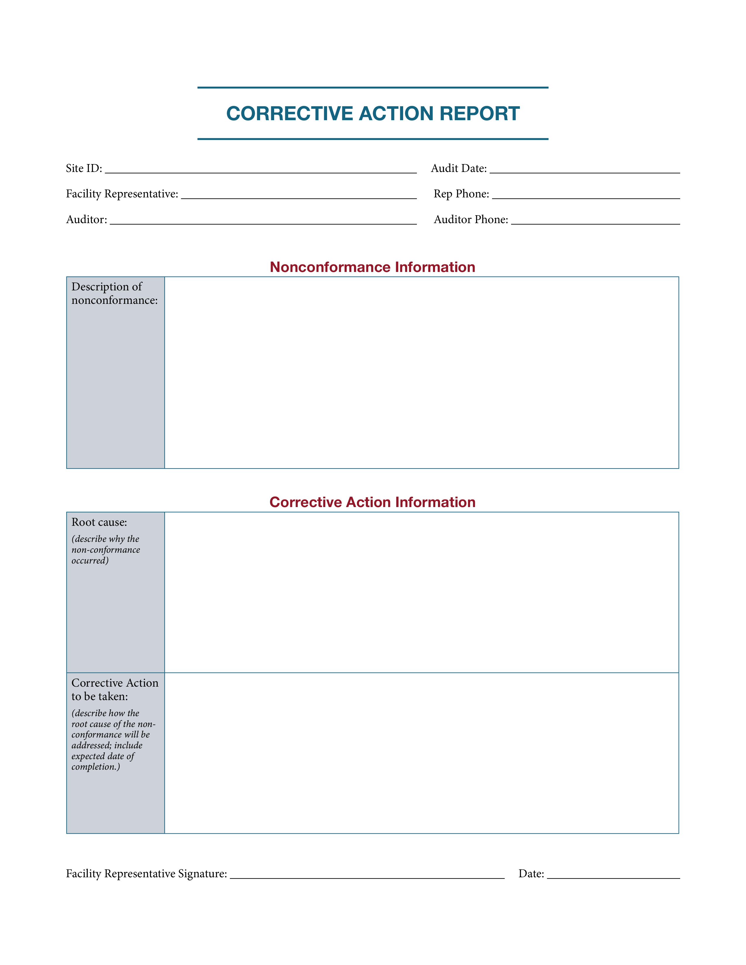 corrective action sample template