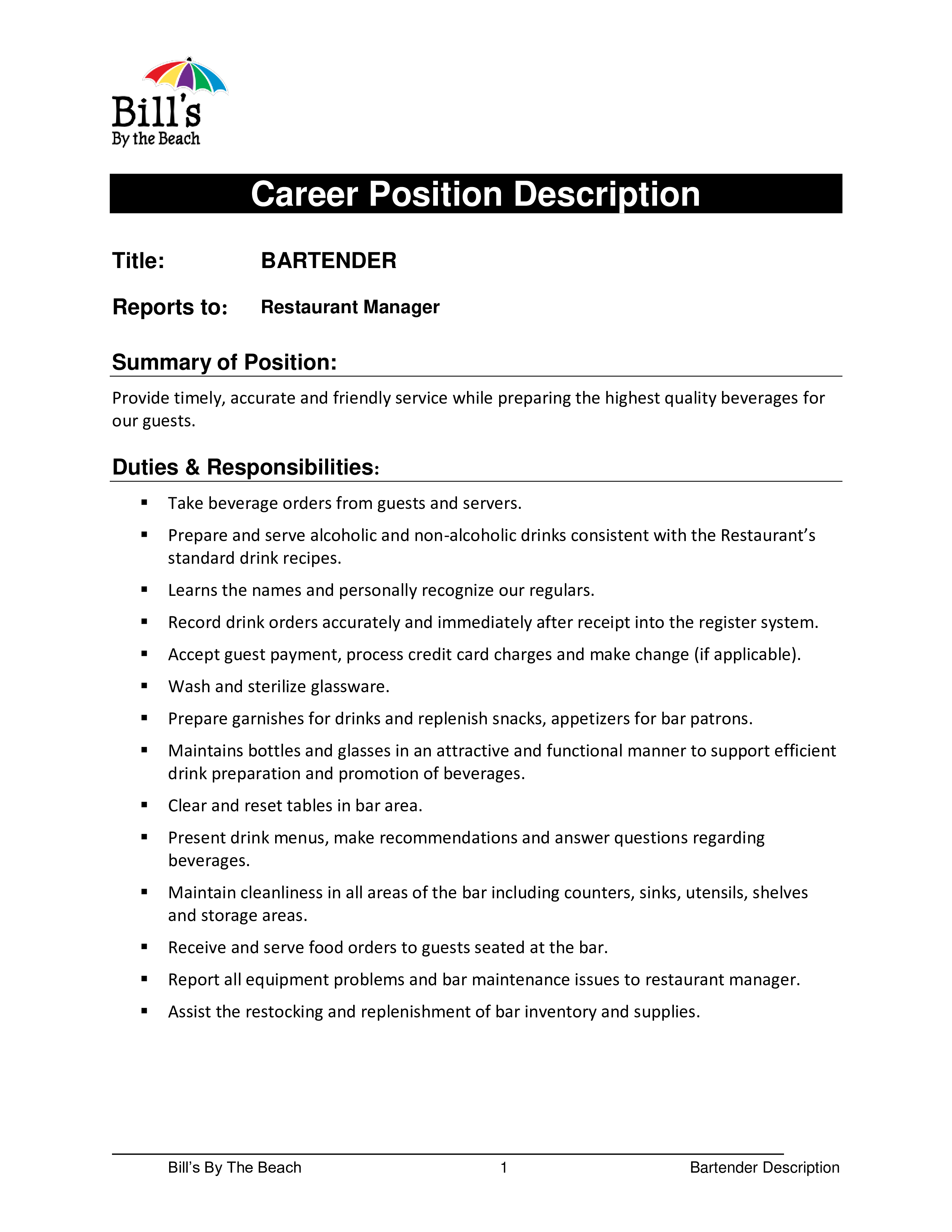 bartender career job description template