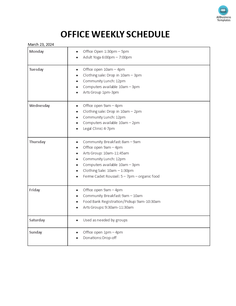 office weekly schedule voorbeeld afbeelding 