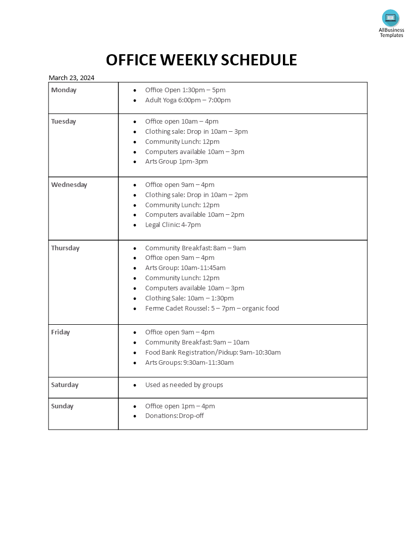 office weekly schedule Hauptschablonenbild