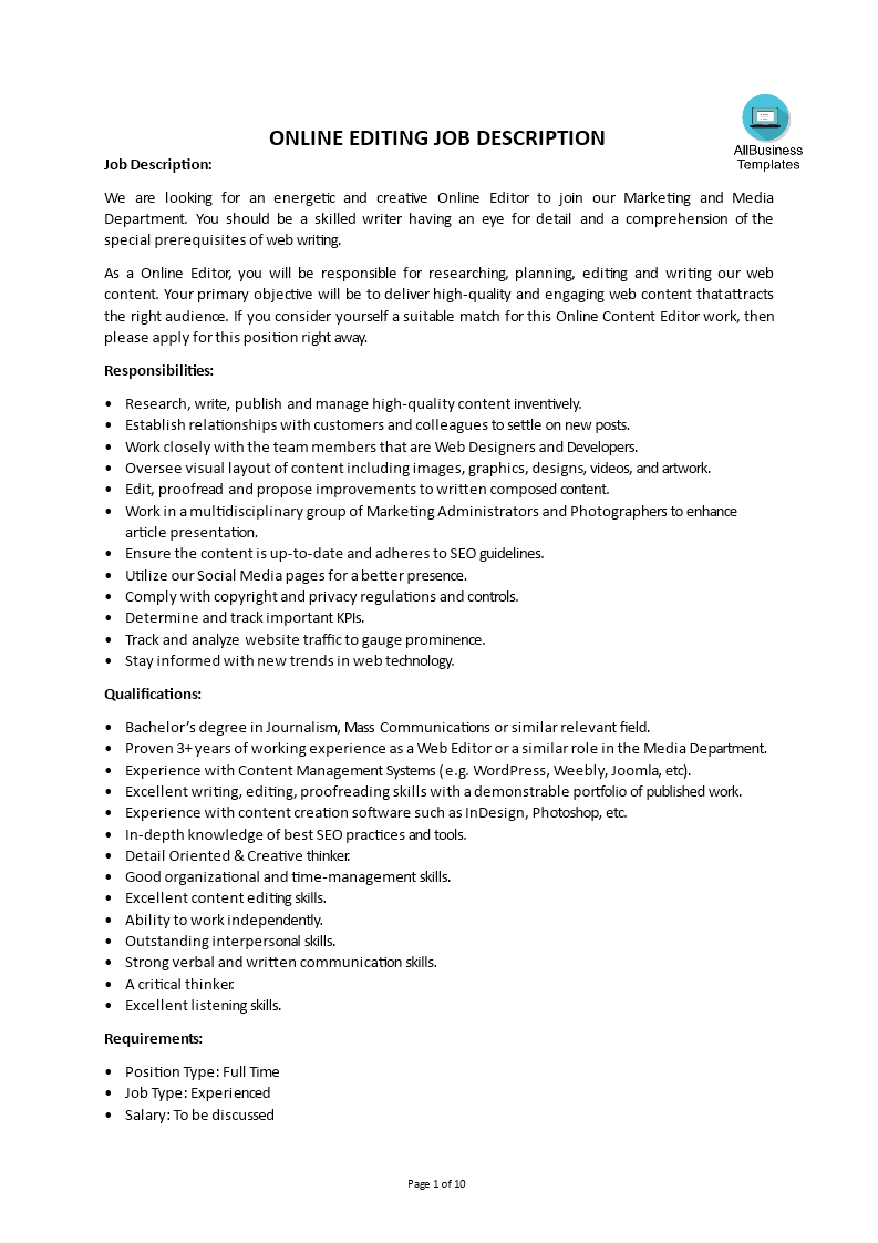 online editing job description template