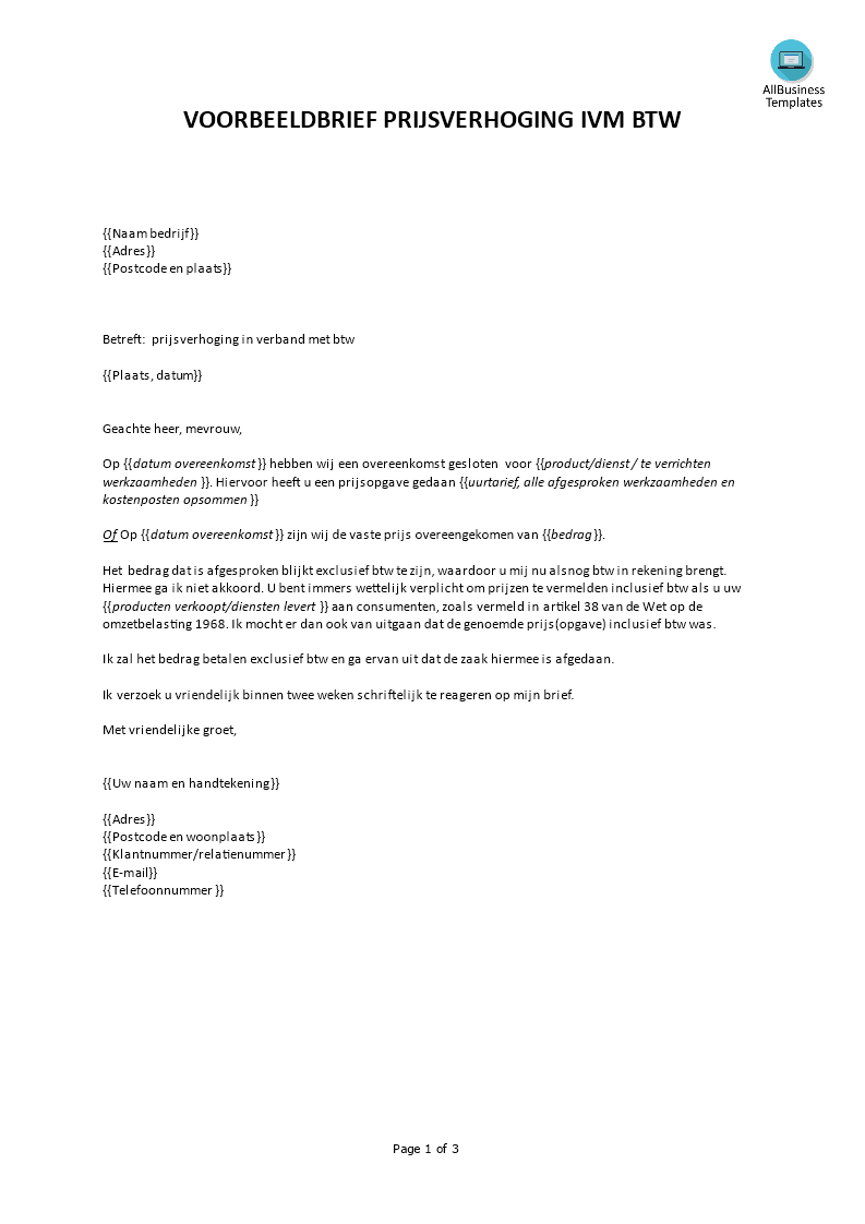 prijsverhoging in verband met btw plantilla imagen principal