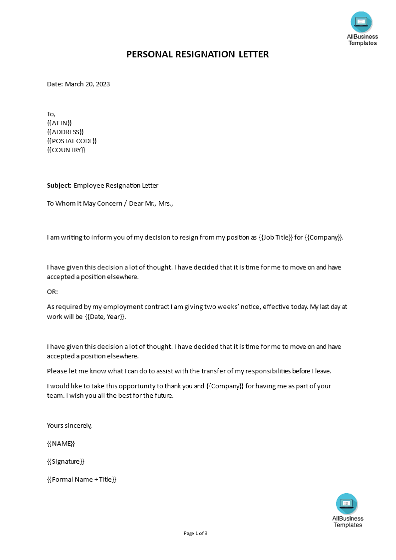 resignation letter notice not known template