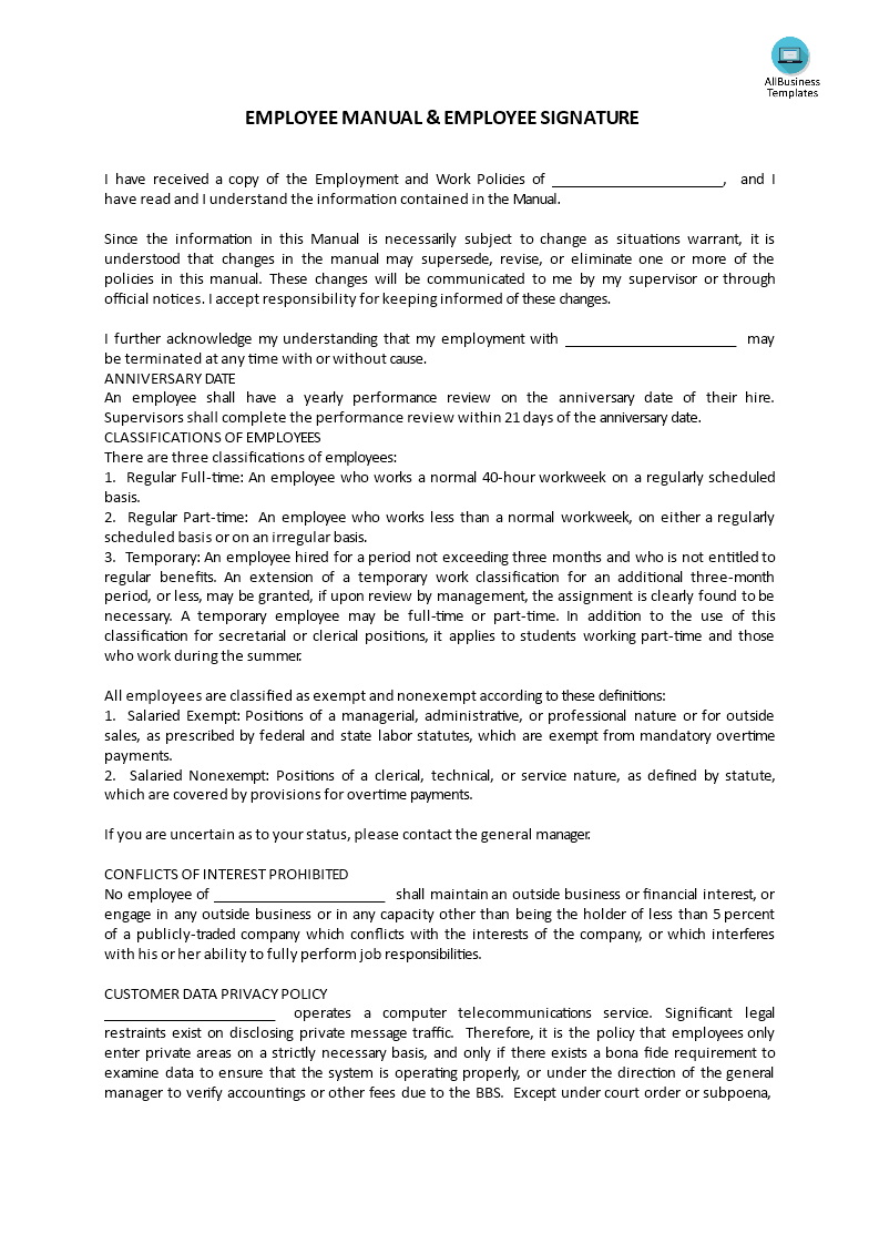employment manual and employee signature Hauptschablonenbild