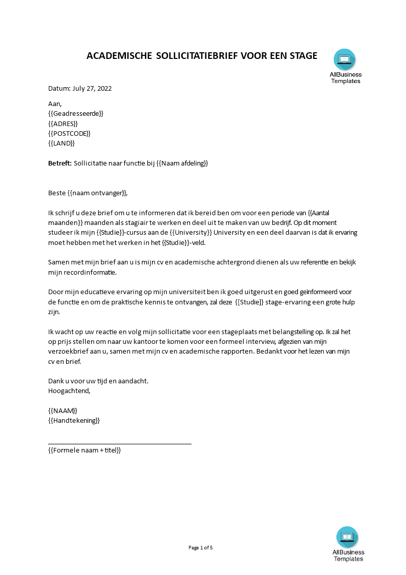 stageplaats sollicitatiebrief voorbeeld afbeelding 