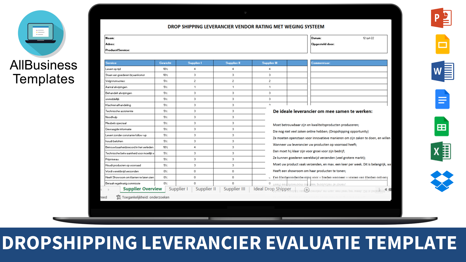 drop shipping leverancierbeoordeling matrix template
